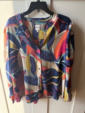 NIC+ZOE Multicolor Abstract Leaf-Print Button Front Blouse